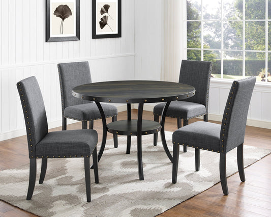 Biony Espresso Wood Dining Set with Gray Fabric Nailhead Chairs - 1st Choice Furniture Direct