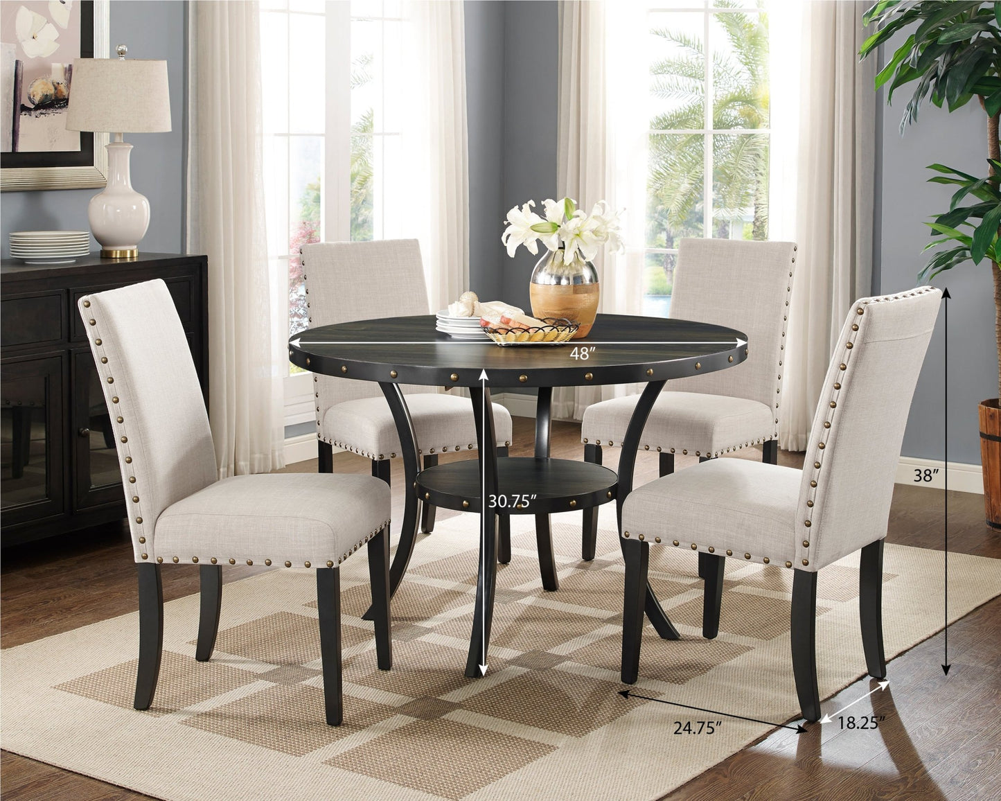 Biony Espresso Wood Dining Set with Tan Fabric Nailhead Chairs - 1st Choice Furniture Direct