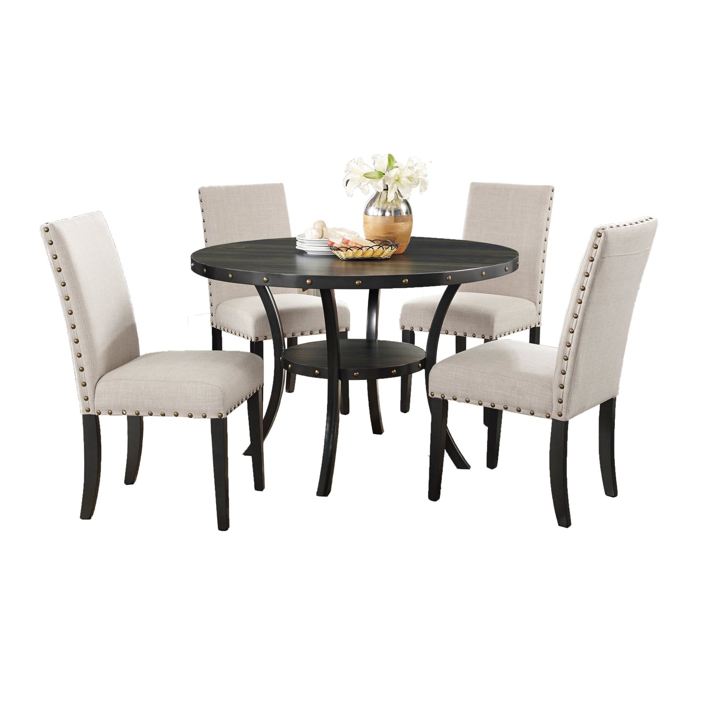 Biony Espresso Wood Dining Set with Tan Fabric Nailhead Chairs - 1st Choice Furniture Direct