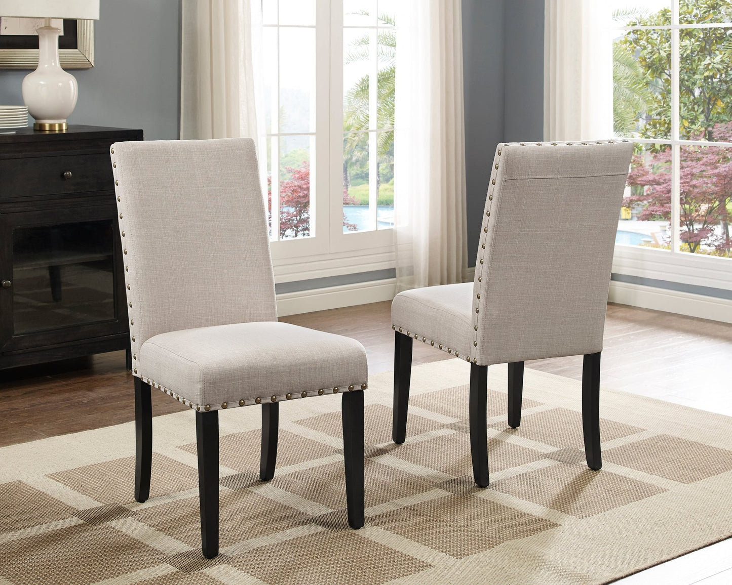 Biony Espresso Wood Dining Set with Tan Fabric Nailhead Chairs - 1st Choice Furniture Direct