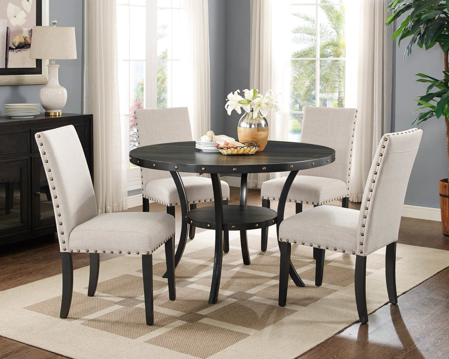 Biony Espresso Wood Dining Set with Tan Fabric Nailhead Chairs - 1st Choice Furniture Direct
