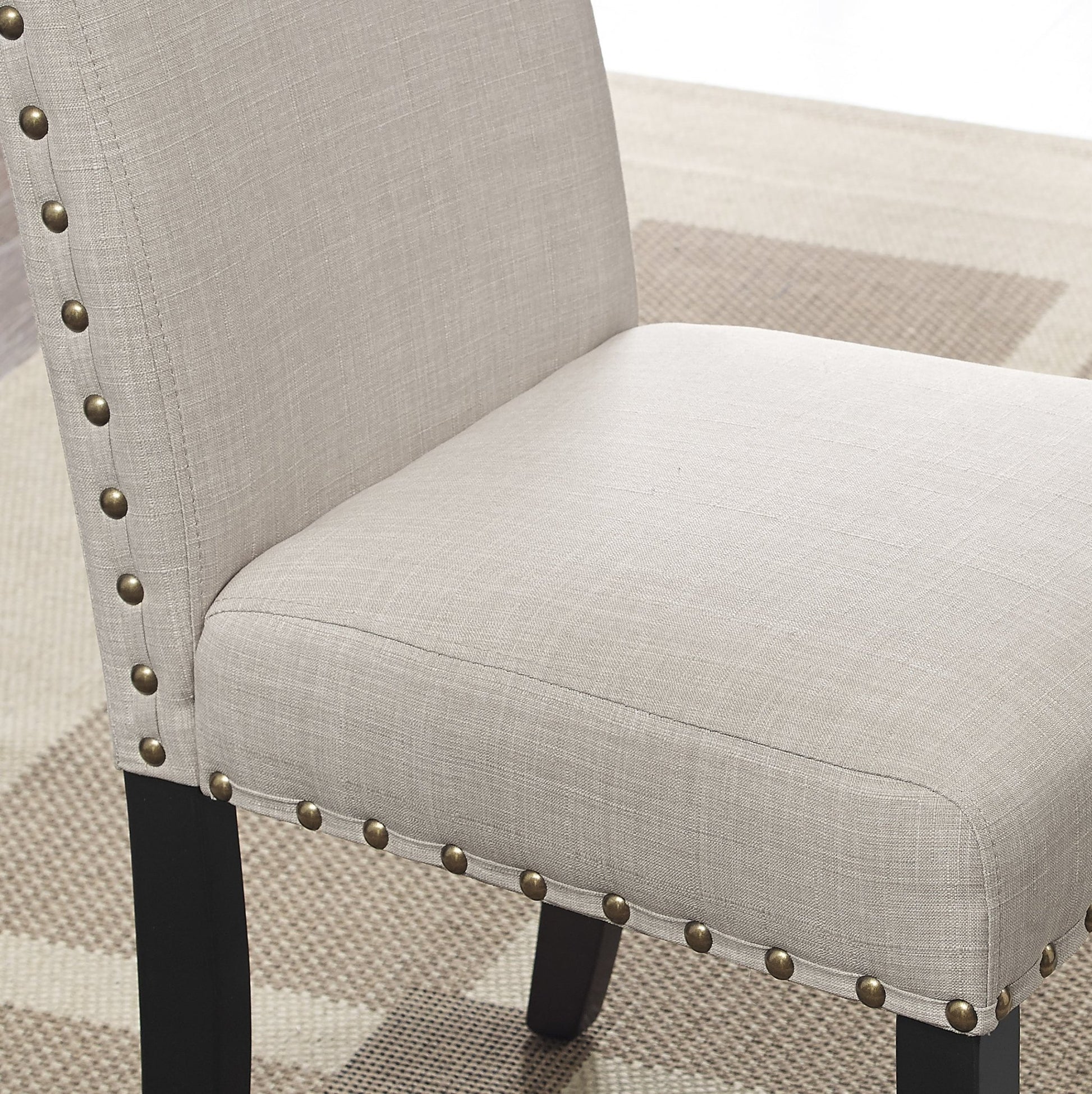 Biony Espresso Wood Dining Set with Tan Fabric Nailhead Chairs - 1st Choice Furniture Direct