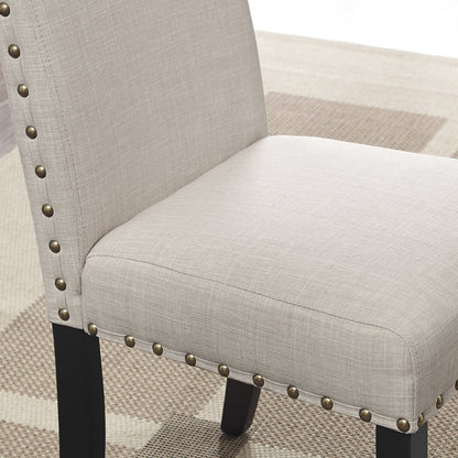 Biony Espresso Wood Dining Set with Tan Fabric Nailhead Chairs - 1st Choice Furniture Direct