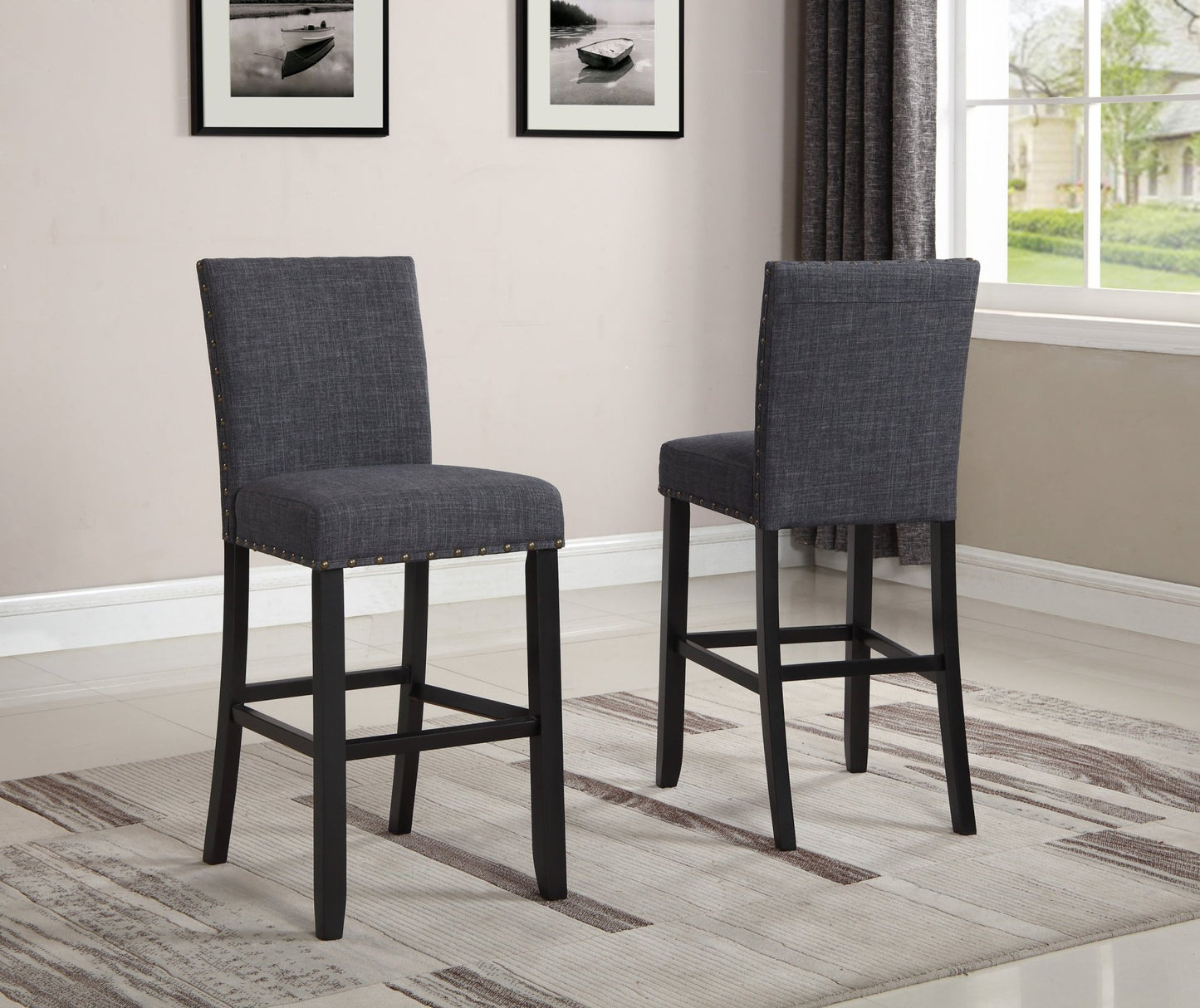 Biony Fabric Bar Stools with Nailhead Trim, Set of 2, Grey - 1st Choice Furniture Direct