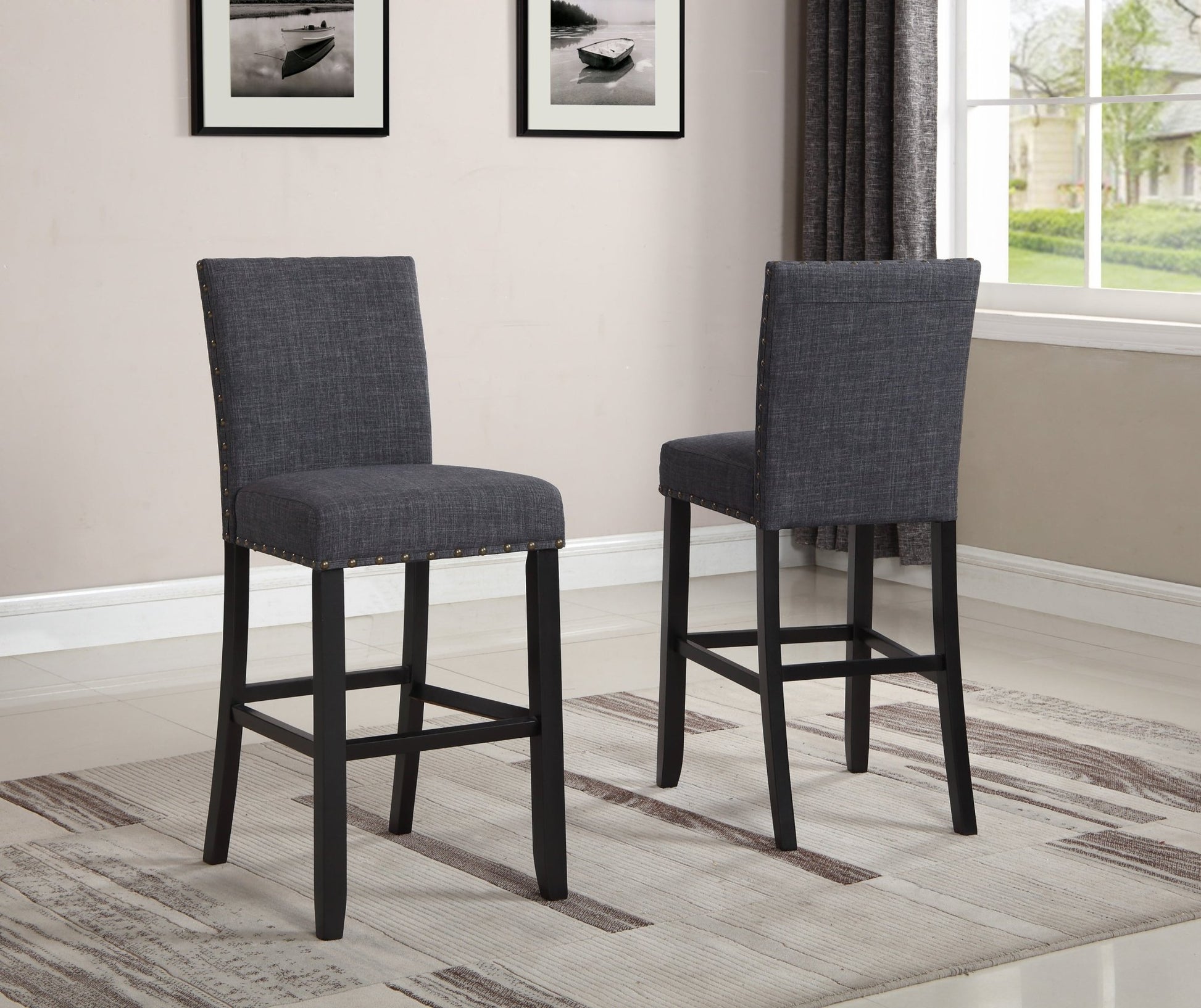 Biony Fabric Bar Stools with Nailhead Trim, Set of 2, Grey - 1st Choice Furniture Direct
