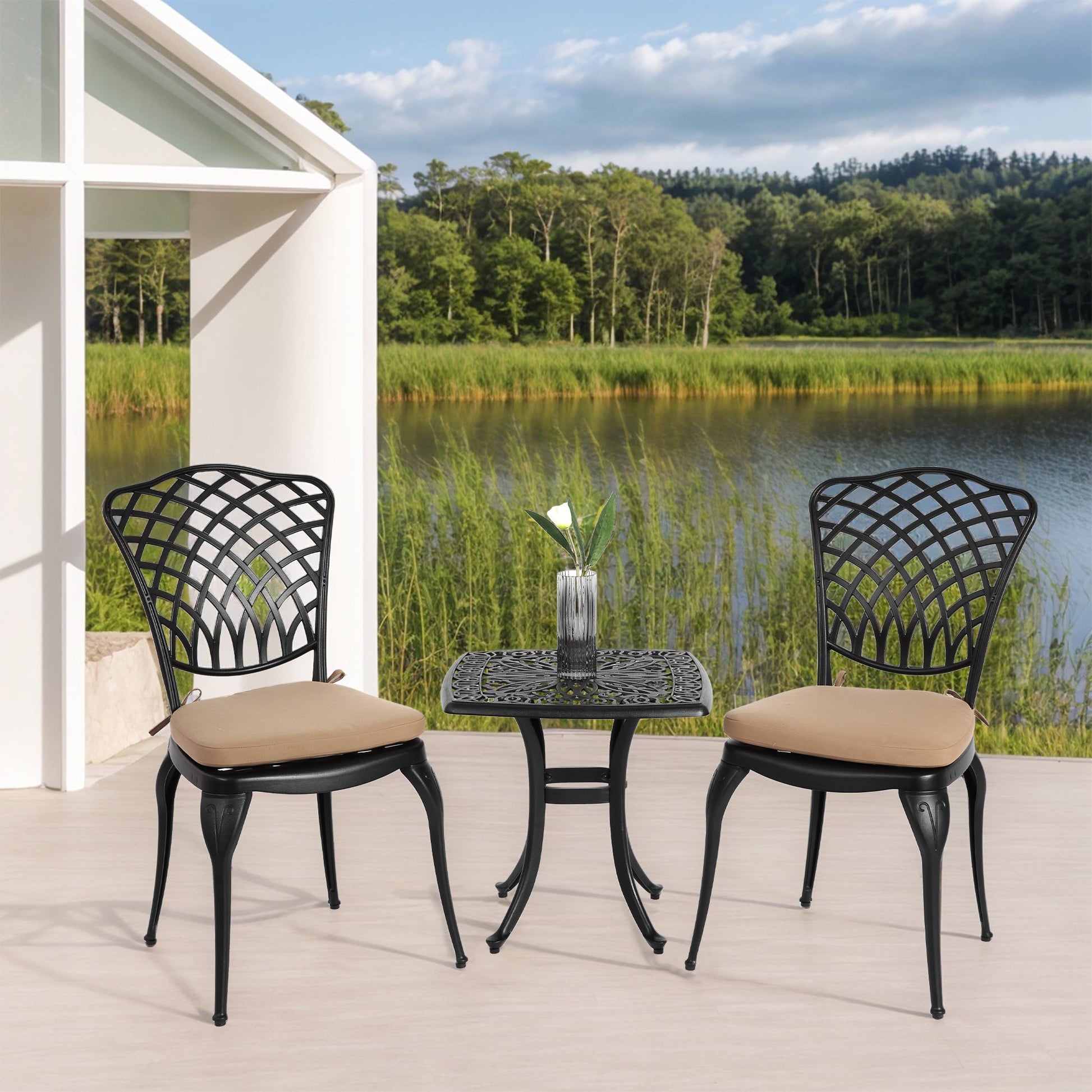 Bistro Set 3 Piece Rustproof Cast Aluminum Patio Furniture Sets 2 Chairs and 1 Round Table Outdoor, Garden, Patio, Balcony, with cushion black - 1st Choice Furniture Direct