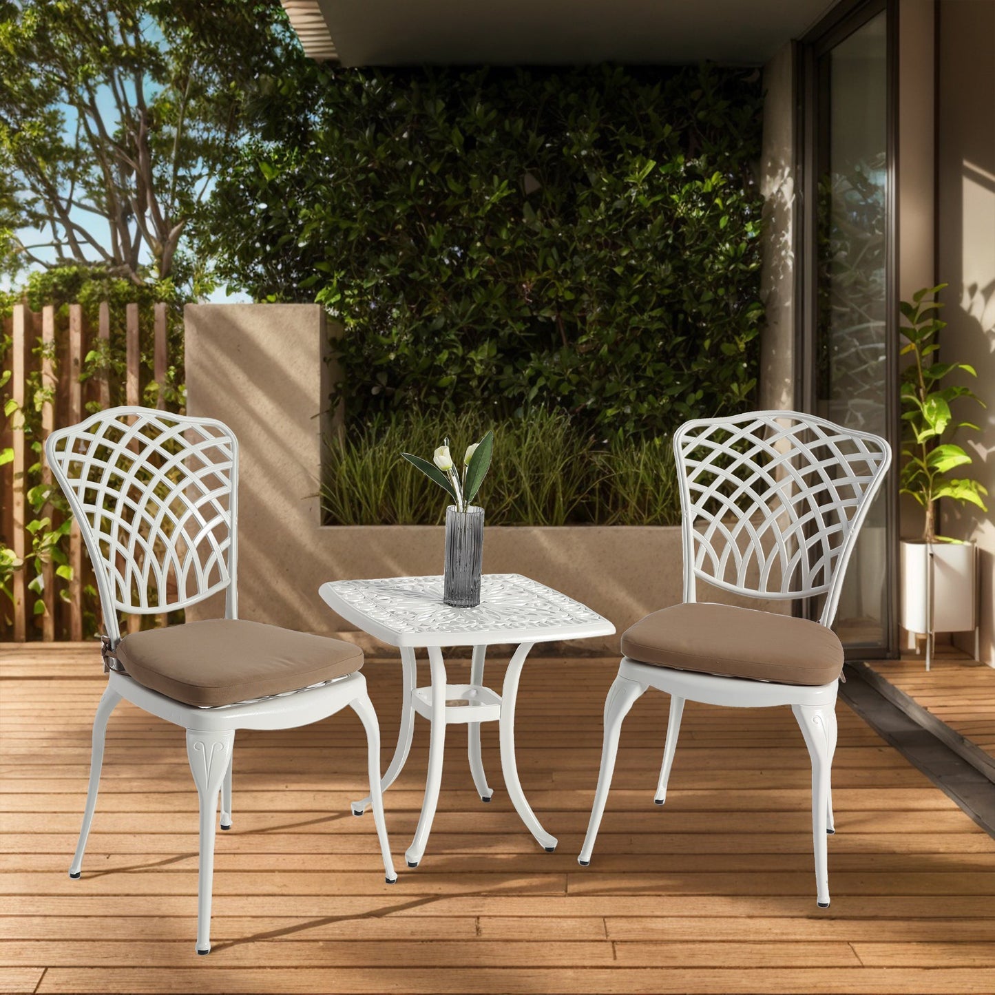 Bistro Set 3 Piece Rustproof Cast Aluminum Patio Furniture Sets 2 Chairs and 1 Round Table Outdoor, Garden, Patio, Balcony, with cushion white - 1st Choice Furniture Direct