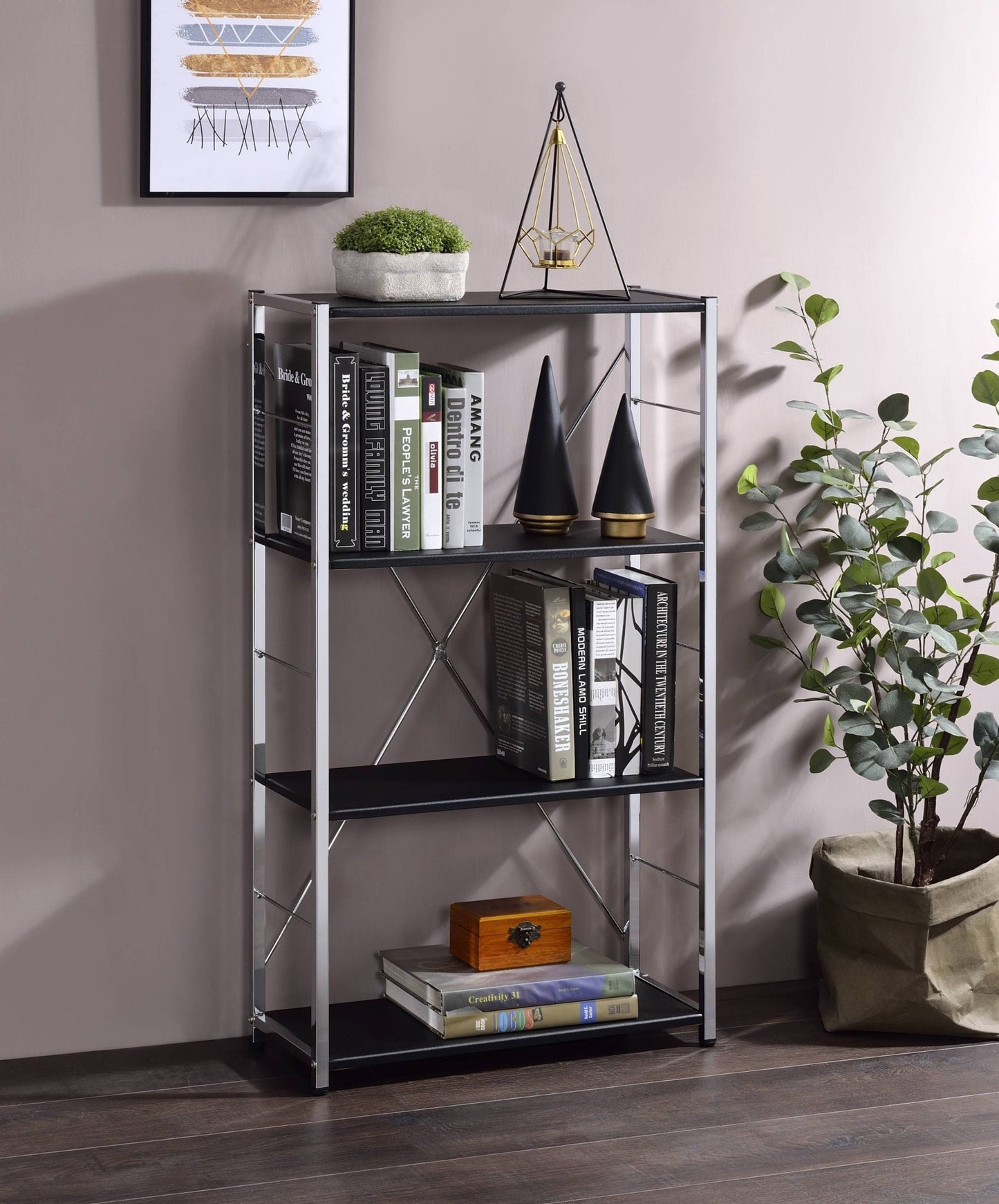 Black 4-Tier Bookcase with Chrome Metal Frame - 1st Choice Furniture Direct