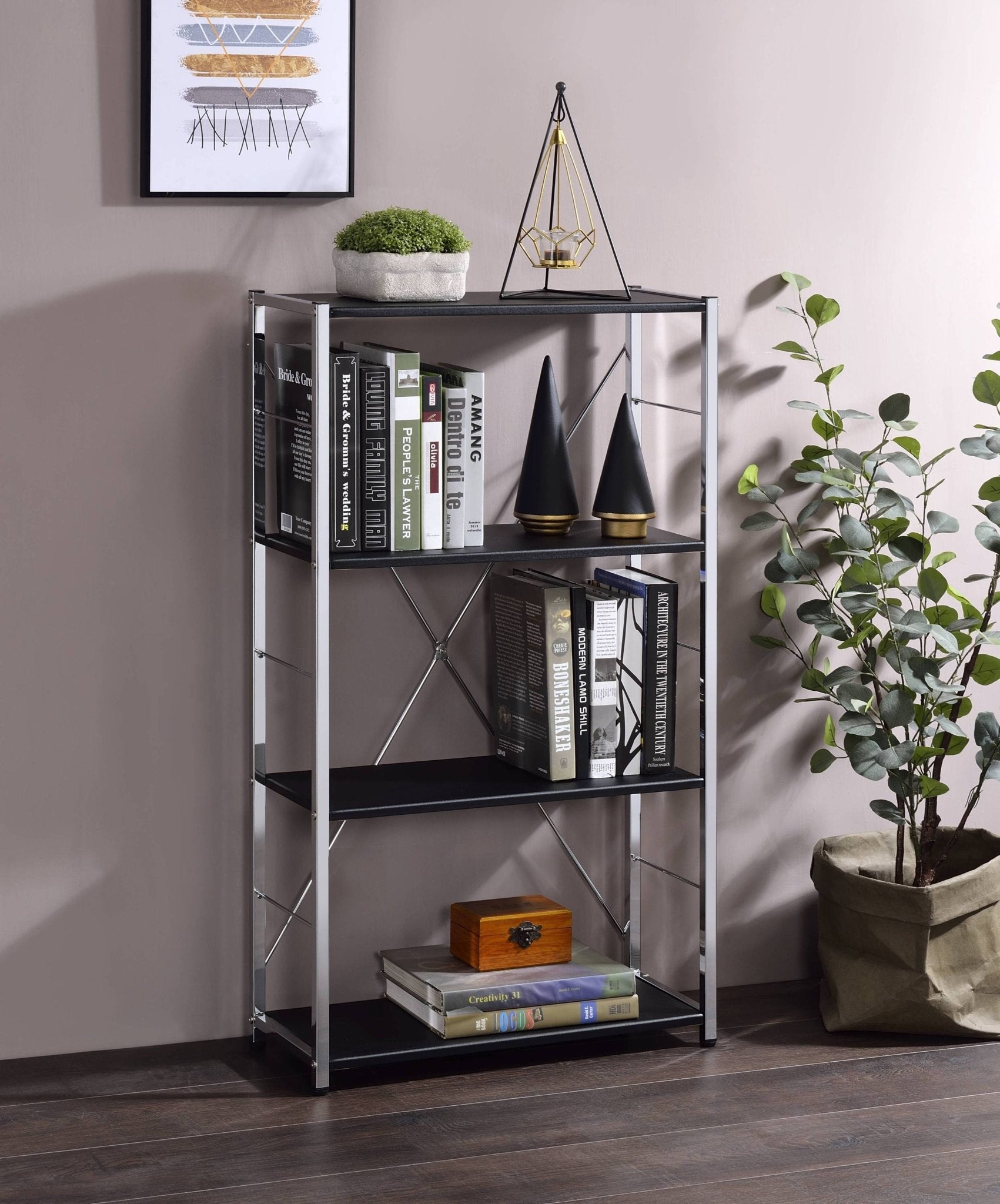 Black 4-Tier Bookcase with Chrome Metal Frame - 1st Choice Furniture Direct