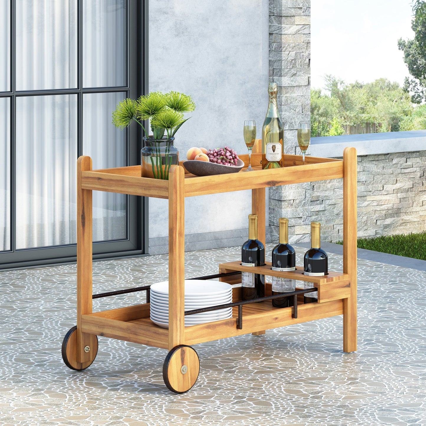 Black Acacia Wood Bar Cart with Wine Storage – Mobile Serving Cart with Wheels - 1st Choice Furniture Direct