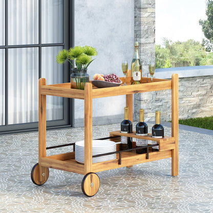 Black Acacia Wood Bar Cart with Wine Storage – Mobile Serving Cart with Wheels - 1st Choice Furniture Direct