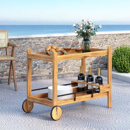 Black Acacia Wood Bar Cart with Wine Storage – Mobile Serving Cart with Wheels - 1st Choice Furniture Direct