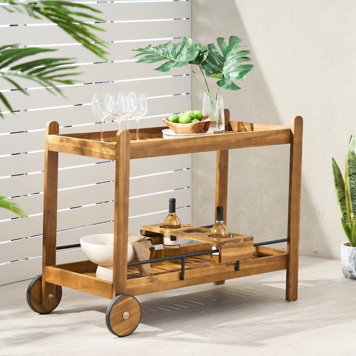 Black Acacia Wood Bar Cart with Wine Storage – Mobile Serving Cart with Wheels - 1st Choice Furniture Direct