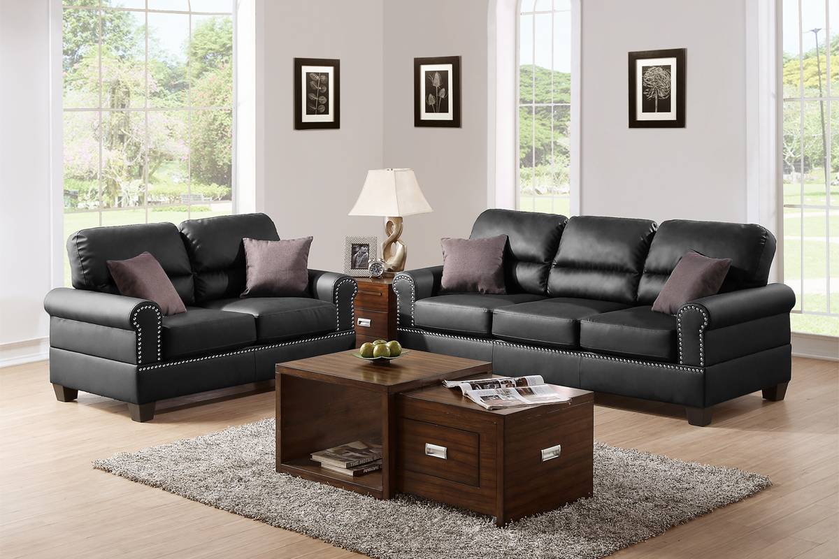 Black Bonded Leather 2pc Sofa Set Sofa And Loveseat Living Room Furniture - 1st Choice Furniture Direct