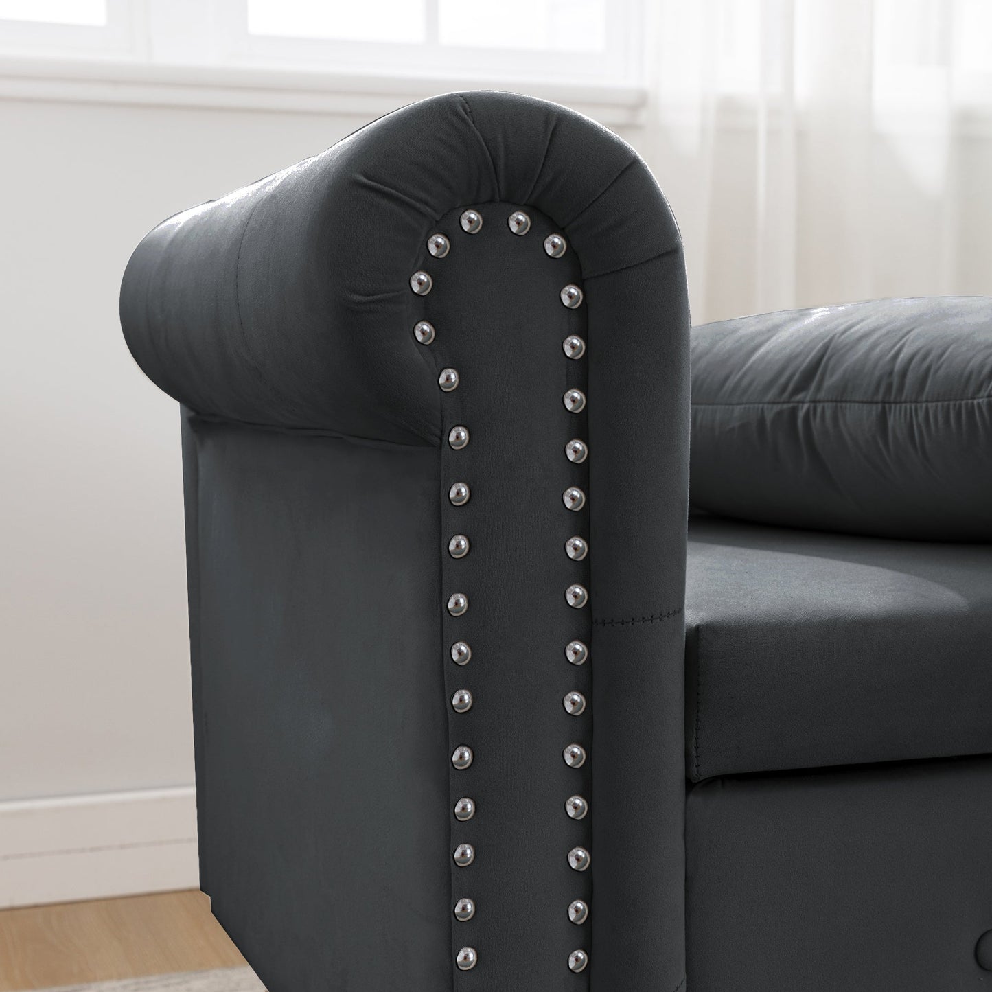 Black Chaise Lounge Indoor, Velvet Lounge Chair for Bedroom with Storage & Pillow, Modern Upholstered Rolled Arm Chase Lounge for Sleeping with Nailhead Trim for Living Room Bedroom Office - 1st Choice Furniture Direct