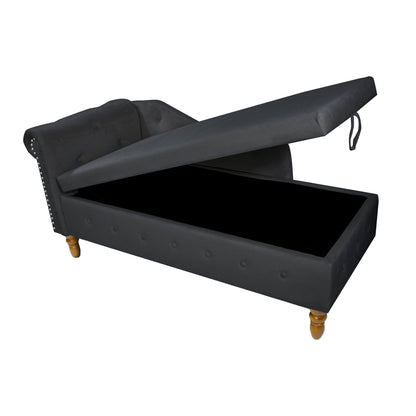 Black Chaise Lounge Indoor, Velvet Lounge Chair for Bedroom with Storage & Pillow, Modern Upholstered Rolled Arm Chase Lounge for Sleeping with Nailhead Trim for Living Room Bedroom Office - 1st Choice Furniture Direct