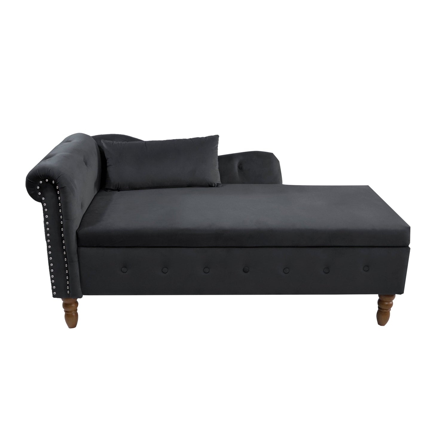 Black Chaise Lounge Indoor, Velvet Lounge Chair for Bedroom with Storage & Pillow, Modern Upholstered Rolled Arm Chase Lounge for Sleeping with Nailhead Trim for Living Room Bedroom Office - 1st Choice Furniture Direct