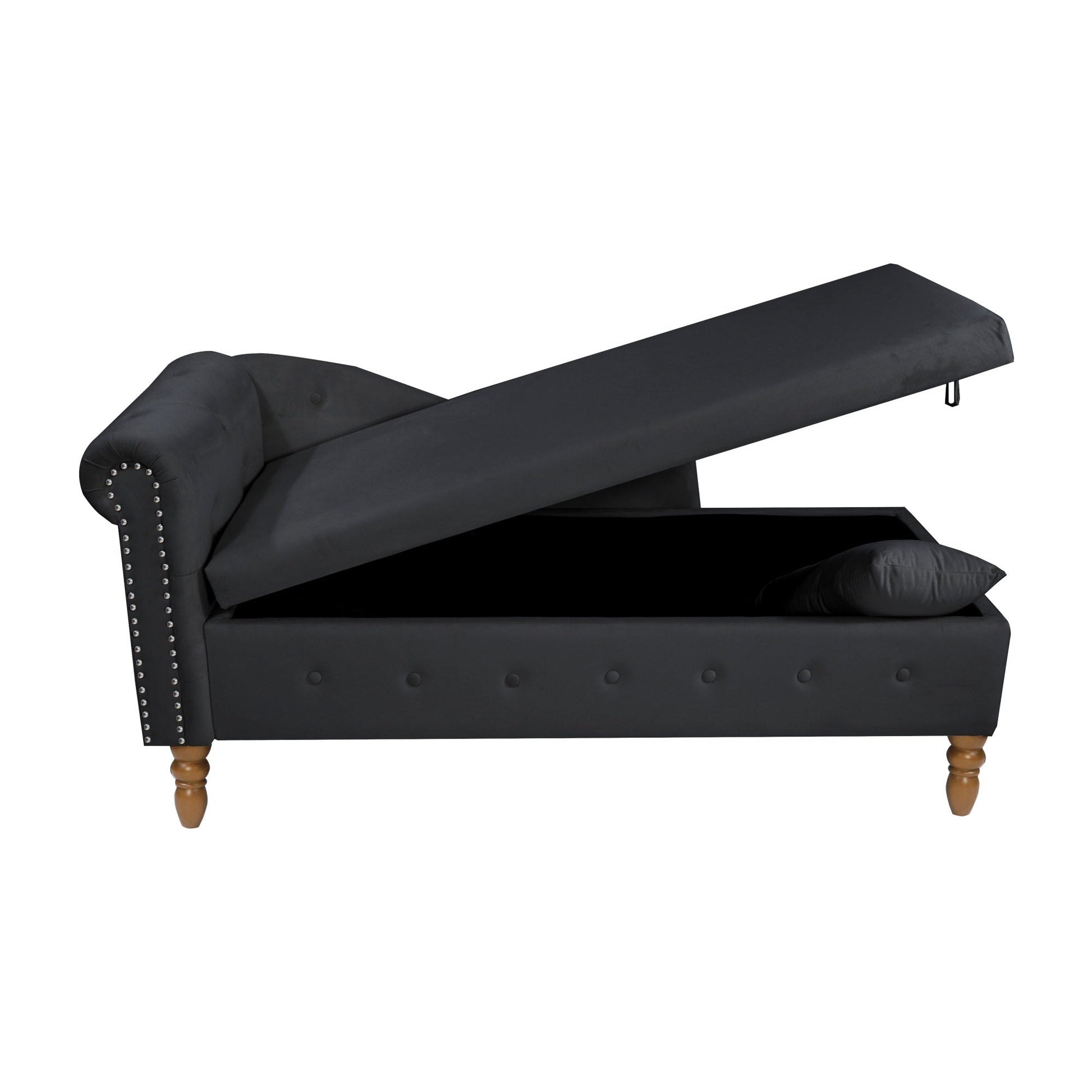 Black Chaise Lounge Indoor, Velvet Lounge Chair for Bedroom with Storage & Pillow, Modern Upholstered Rolled Arm Chase Lounge for Sleeping with Nailhead Trim for Living Room Bedroom Office - 1st Choice Furniture Direct