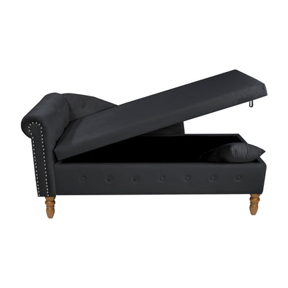 Black Chaise Lounge Indoor, Velvet Lounge Chair for Bedroom with Storage & Pillow, Modern Upholstered Rolled Arm Chase Lounge for Sleeping with Nailhead Trim for Living Room Bedroom Office - 1st Choice Furniture Direct