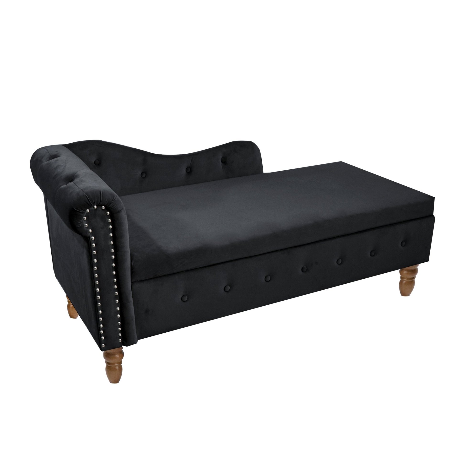 Black Chaise Lounge Indoor, Velvet Lounge Chair for Bedroom with Storage & Pillow, Modern Upholstered Rolled Arm Chase Lounge for Sleeping with Nailhead Trim for Living Room Bedroom Office - 1st Choice Furniture Direct