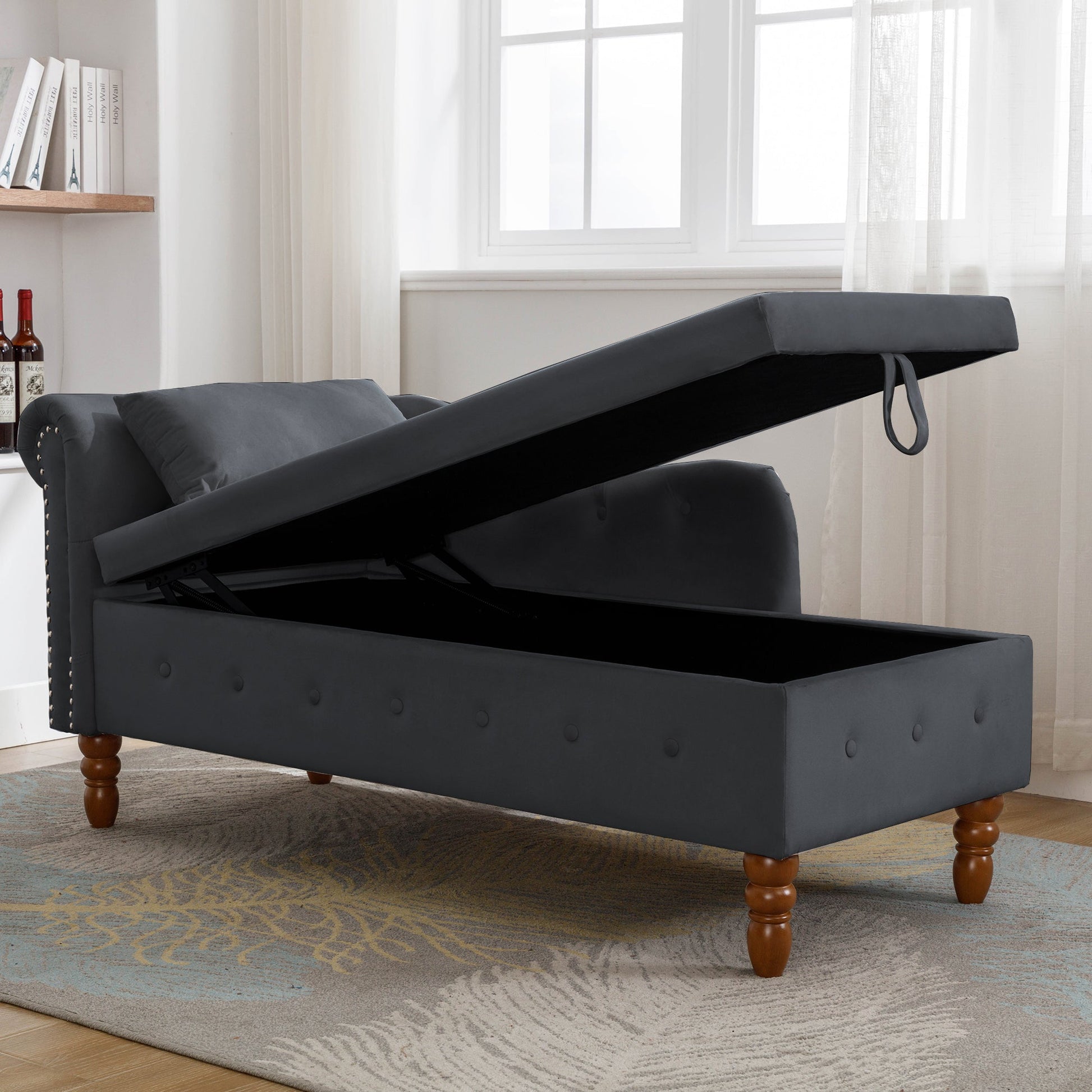Black Chaise Lounge Indoor, Velvet Lounge Chair for Bedroom with Storage & Pillow, Modern Upholstered Rolled Arm Chase Lounge for Sleeping with Nailhead Trim for Living Room Bedroom Office - 1st Choice Furniture Direct