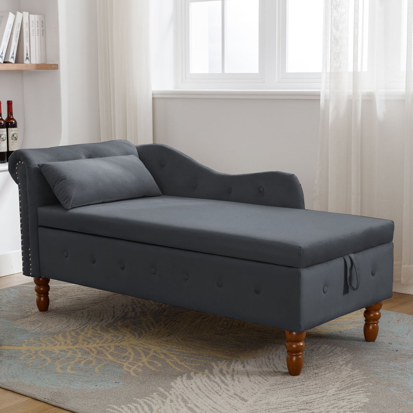 Black Chaise Lounge Indoor, Velvet Lounge Chair for Bedroom with Storage & Pillow, Modern Upholstered Rolled Arm Chase Lounge for Sleeping with Nailhead Trim for Living Room Bedroom Office - 1st Choice Furniture Direct