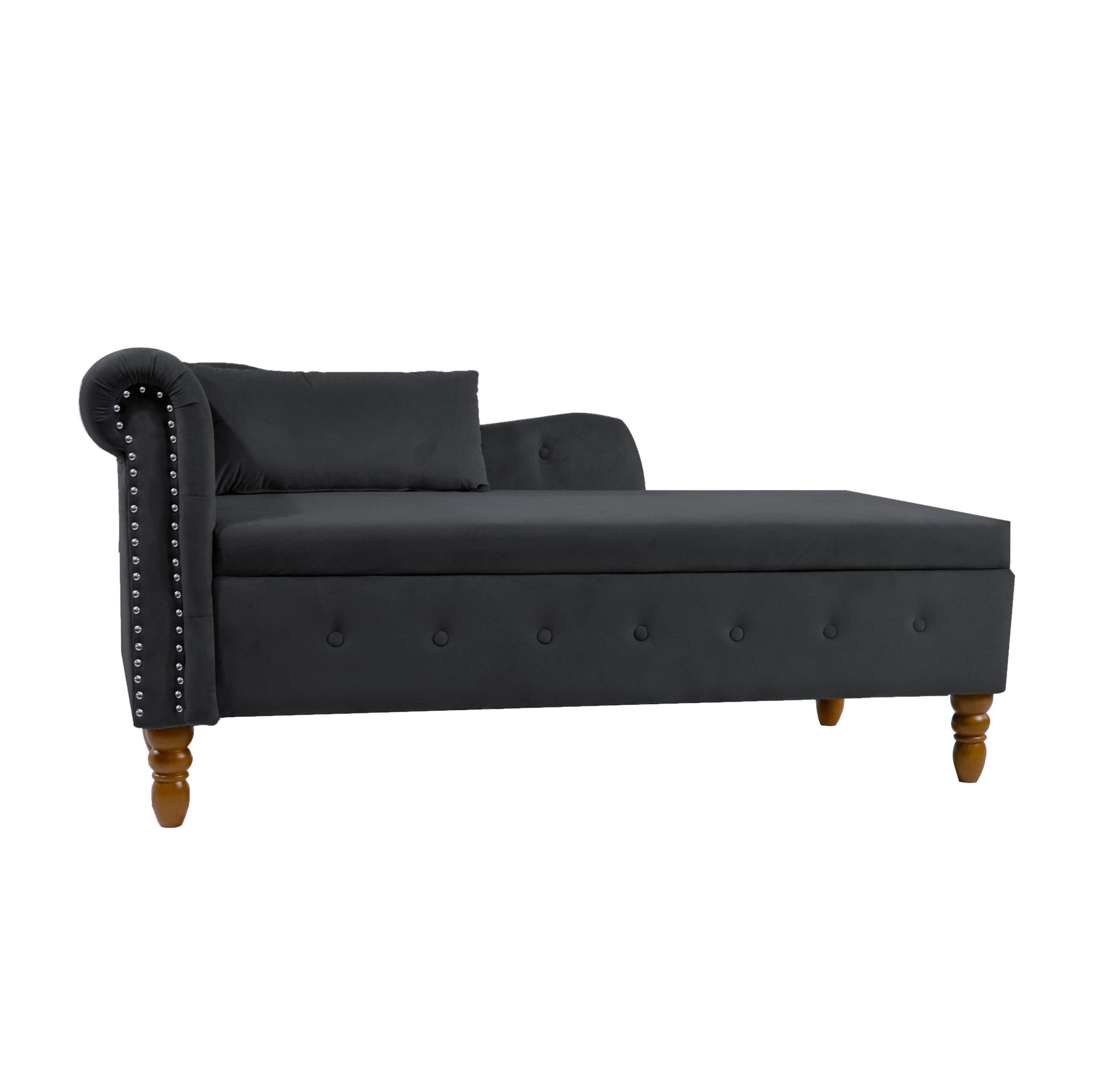 Black Chaise Lounge Indoor, Velvet Lounge Chair for Bedroom with Storage & Pillow, Modern Upholstered Rolled Arm Chase Lounge for Sleeping with Nailhead Trim for Living Room Bedroom Office - 1st Choice Furniture Direct