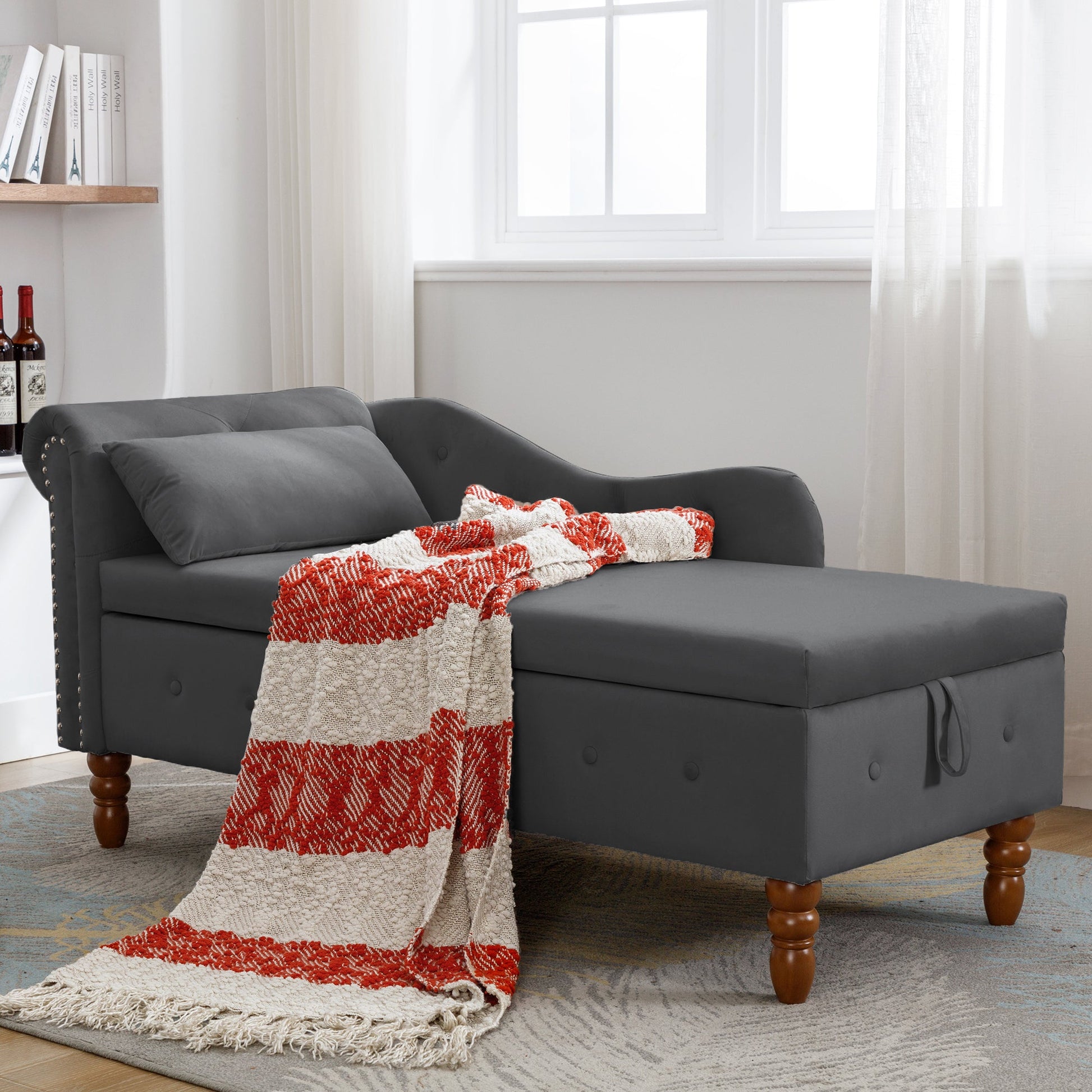Black Chaise Lounge Indoor, Velvet Lounge Chair for Bedroom with Storage & Pillow, Modern Upholstered Rolled Arm Chase Lounge for Sleeping with Nailhead Trim for Living Room Bedroom Office - 1st Choice Furniture Direct