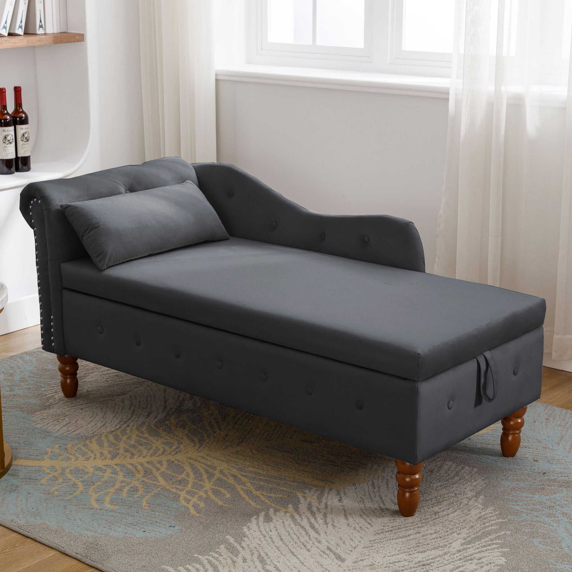 Black Chaise Lounge Indoor, Velvet Lounge Chair for Bedroom with Storage & Pillow, Modern Upholstered Rolled Arm Chase Lounge for Sleeping with Nailhead Trim for Living Room Bedroom Office - 1st Choice Furniture Direct