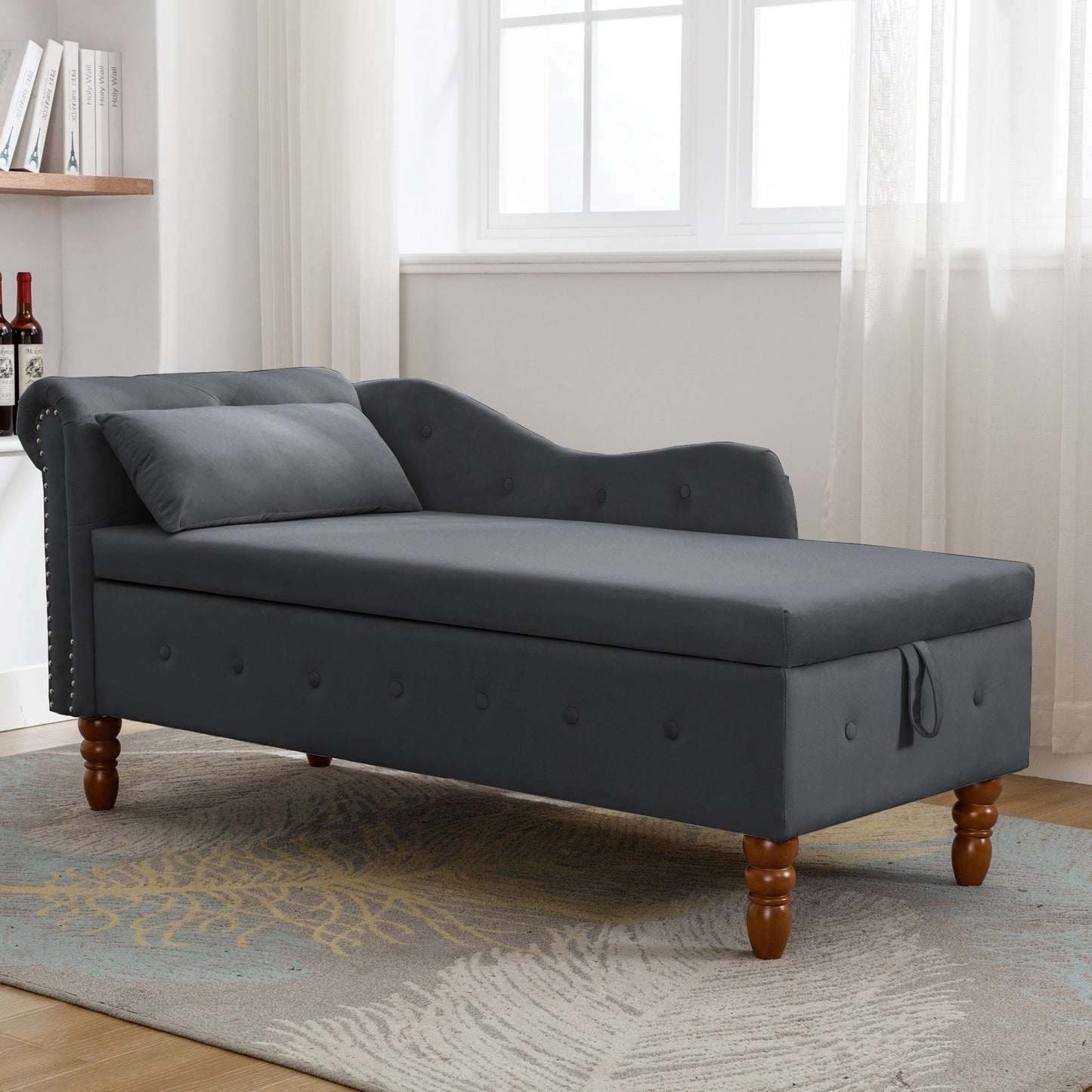 Black Chaise Lounge Indoor, Velvet Lounge Chair for Bedroom with Storage & Pillow, Modern Upholstered Rolled Arm Chase Lounge for Sleeping with Nailhead Trim for Living Room Bedroom Office - 1st Choice Furniture Direct