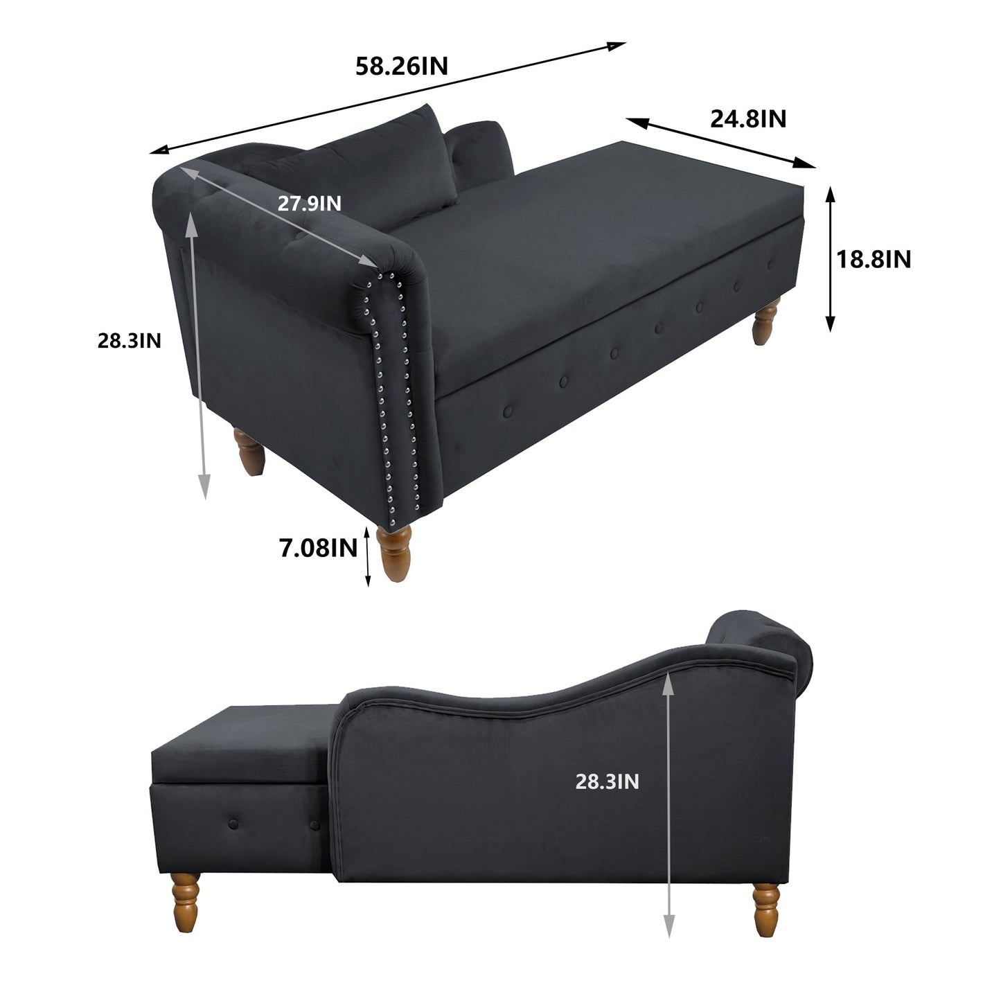 Black Chaise Lounge Indoor, Velvet Lounge Chair for Bedroom with Storage & Pillow, Modern Upholstered Rolled Arm Chase Lounge for Sleeping with Nailhead Trim for Living Room Bedroom Office - 1st Choice Furniture Direct