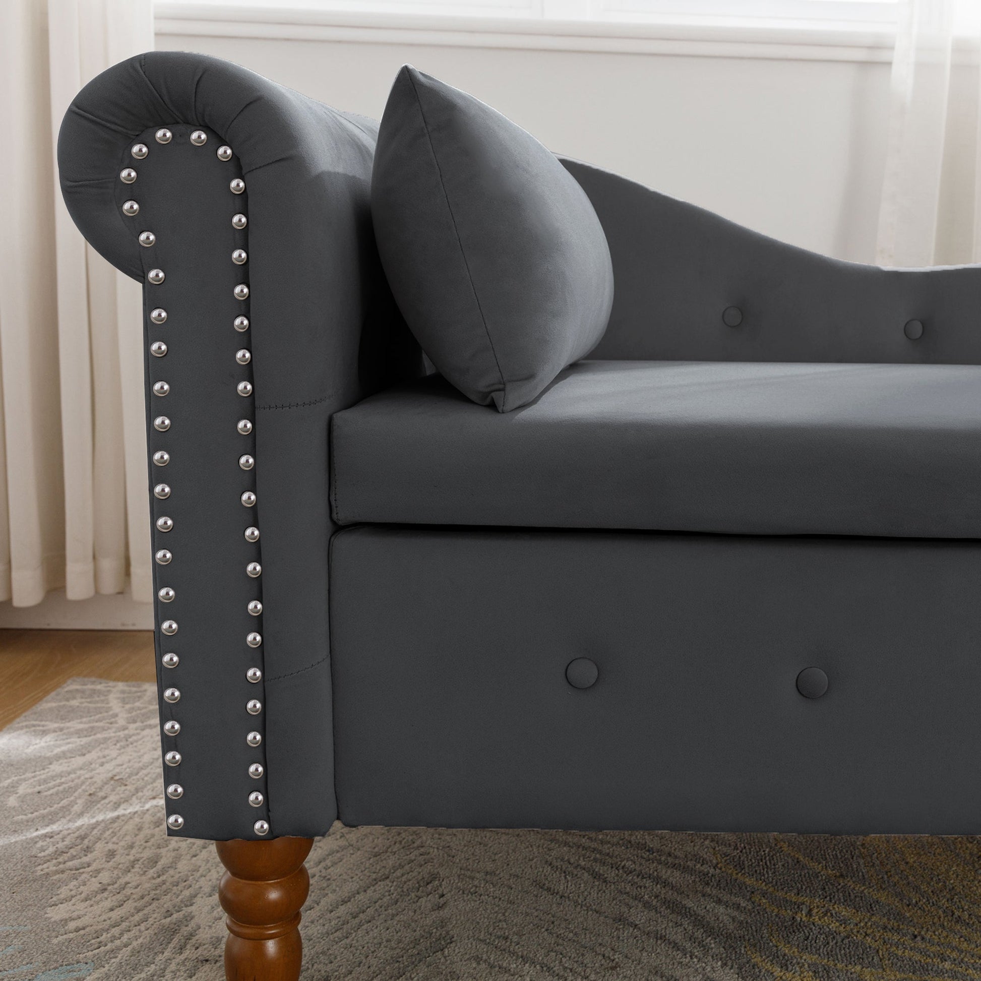 Black Chaise Lounge Indoor, Velvet Lounge Chair for Bedroom with Storage & Pillow, Modern Upholstered Rolled Arm Chase Lounge for Sleeping with Nailhead Trim for Living Room Bedroom Office - 1st Choice Furniture Direct
