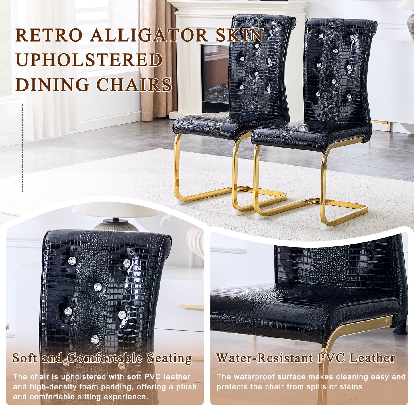 Black Faux Alligator Dining Chair Set of 2 with Gold Legs - 1st Choice Furniture Direct
