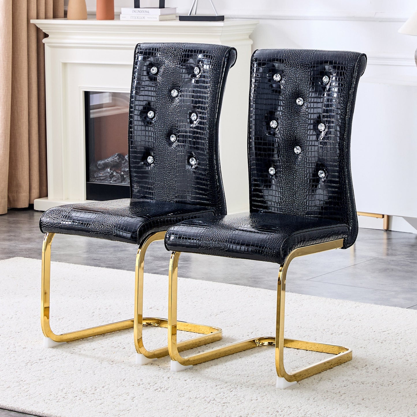 Black Faux Alligator Dining Chair Set of 2 with Gold Legs - 1st Choice Furniture Direct