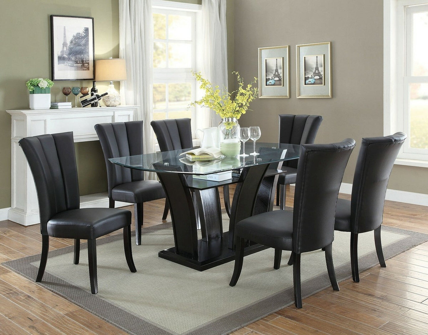 Black Faux Leather Upholstered Lines back Set of 2pc Chairs Dining Room Wide Flair back Chair - 1st Choice Furniture Direct