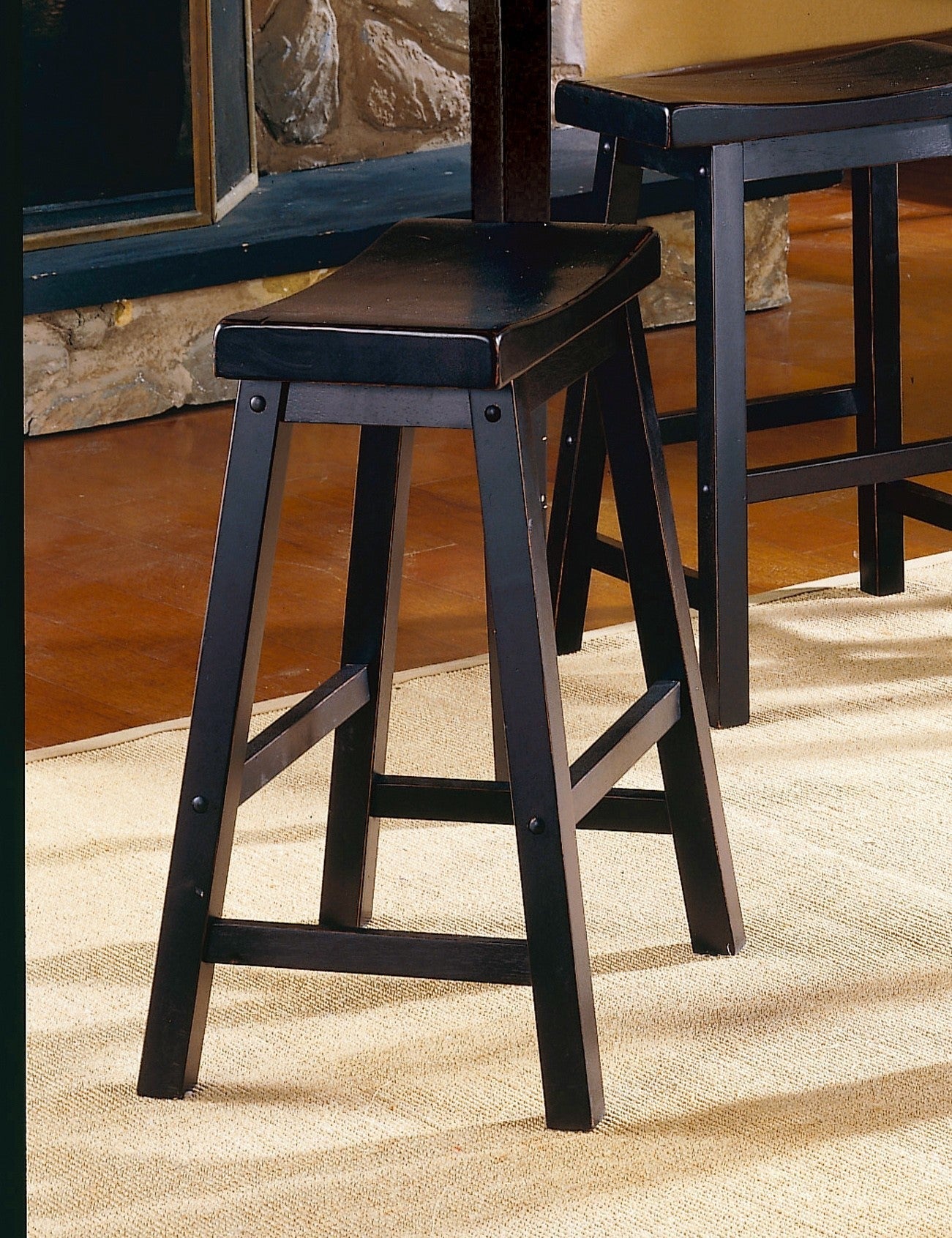 Black Finish 29 - inch Bar Height Stools Set of 2pc Saddle Seat Solid Wood Casual Dining Home Furniture - 1st Choice Furniture Direct