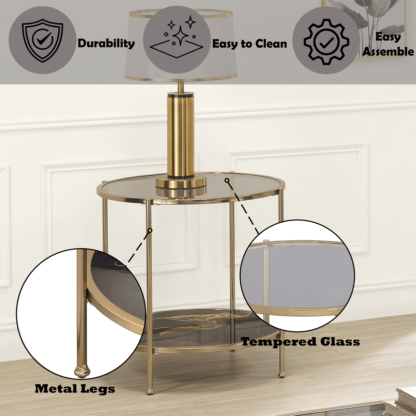 Black Glass End Table with Gold Metal Frame - 1st Choice Furniture Direct