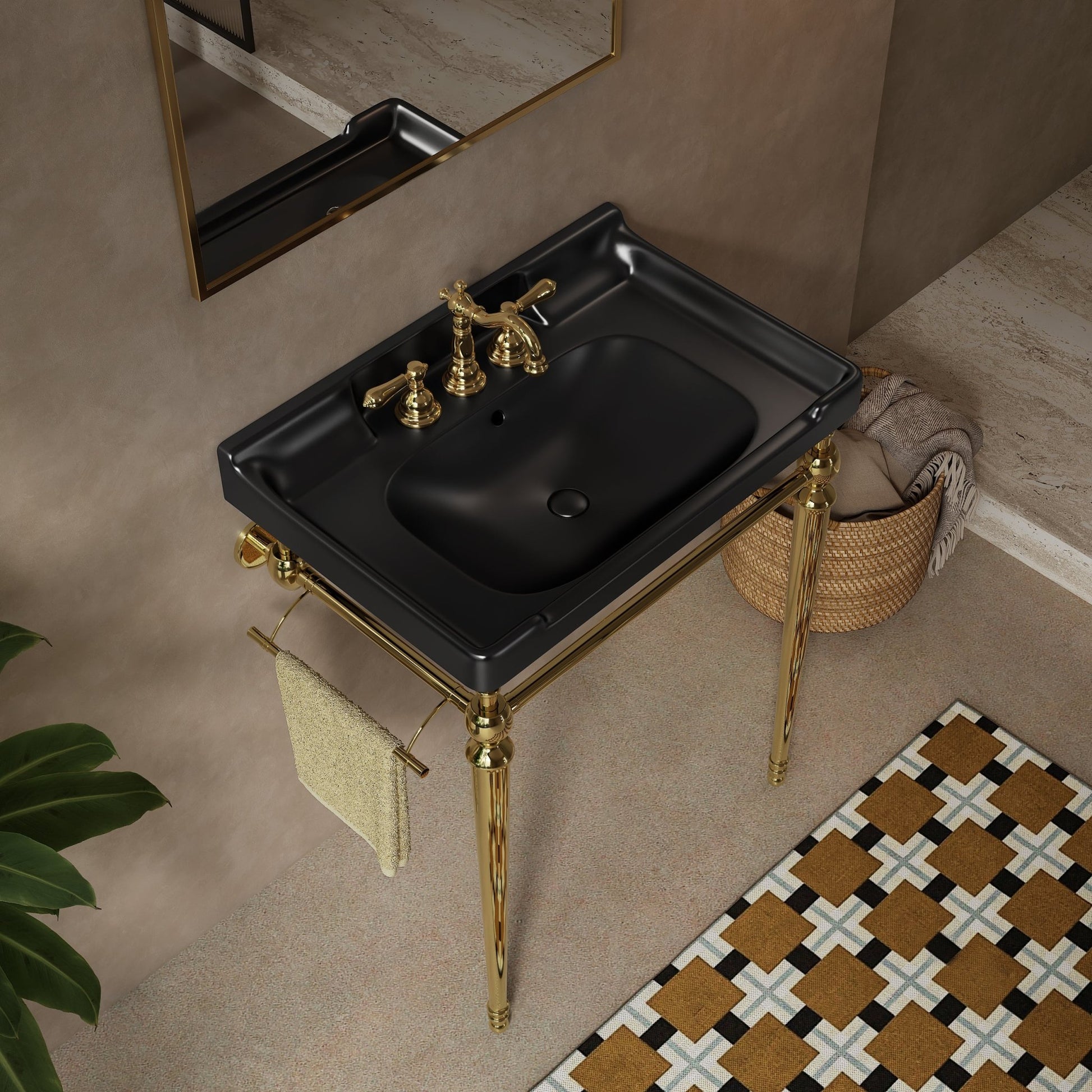 Black & Gold Bathroom Vanity with Ceramic Basin – Modern Stainless Steel Vanity Sink - 1st Choice Furniture Direct