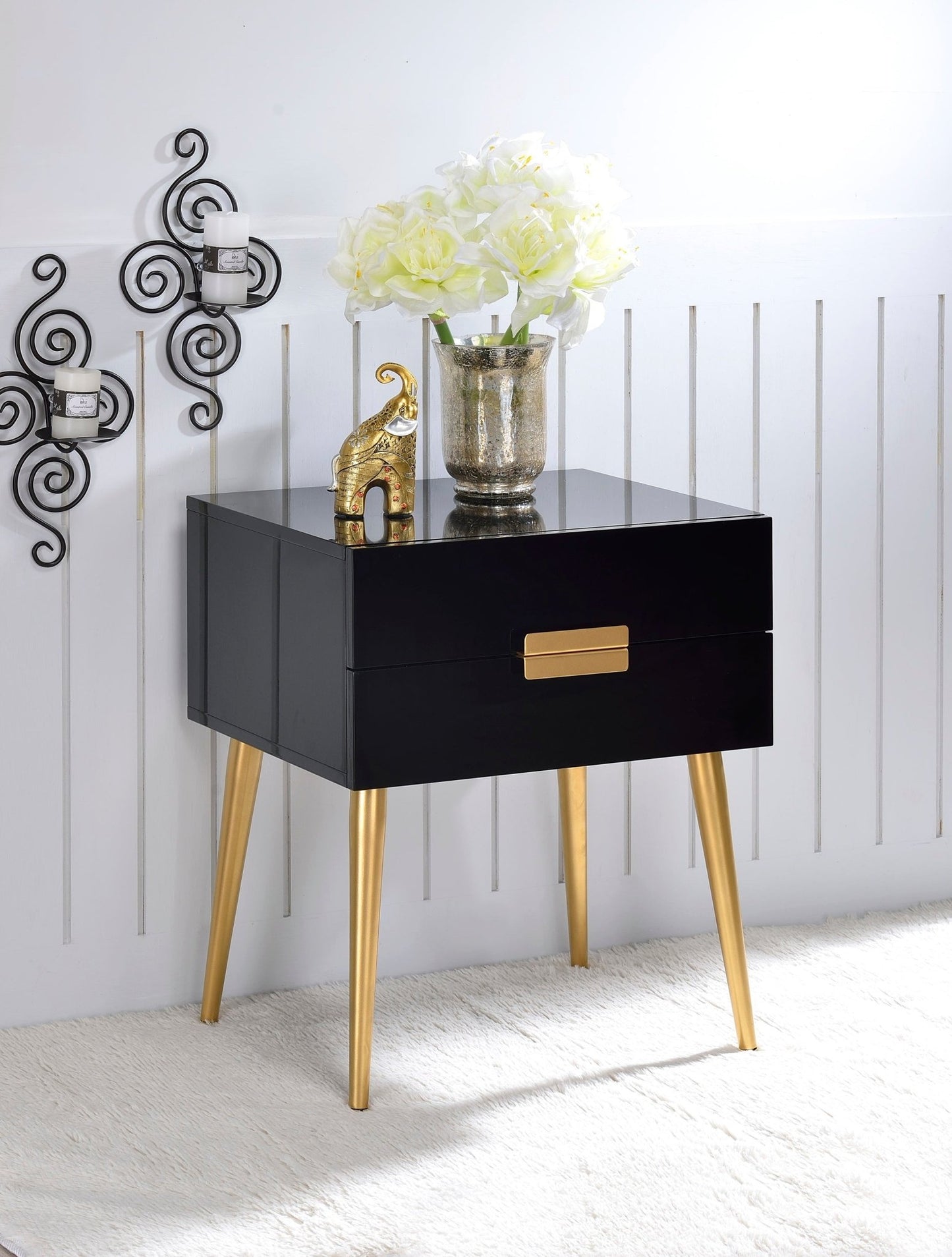 Black High Gloss Nightstand with 2 Drawers and Gold Metal Legs - 1st Choice Furniture Direct