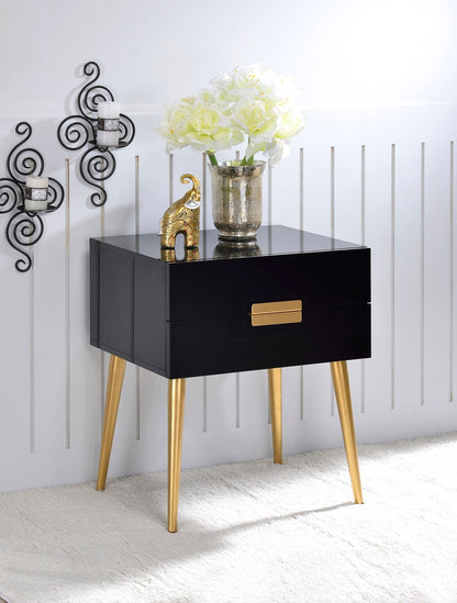Black High Gloss Nightstand with 2 Drawers and Gold Metal Legs - 1st Choice Furniture Direct