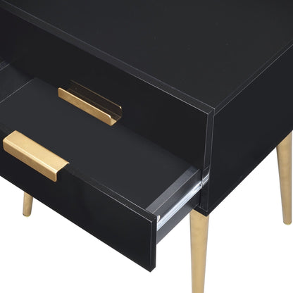 Black High Gloss Nightstand with 2 Drawers and Gold Metal Legs - 1st Choice Furniture Direct