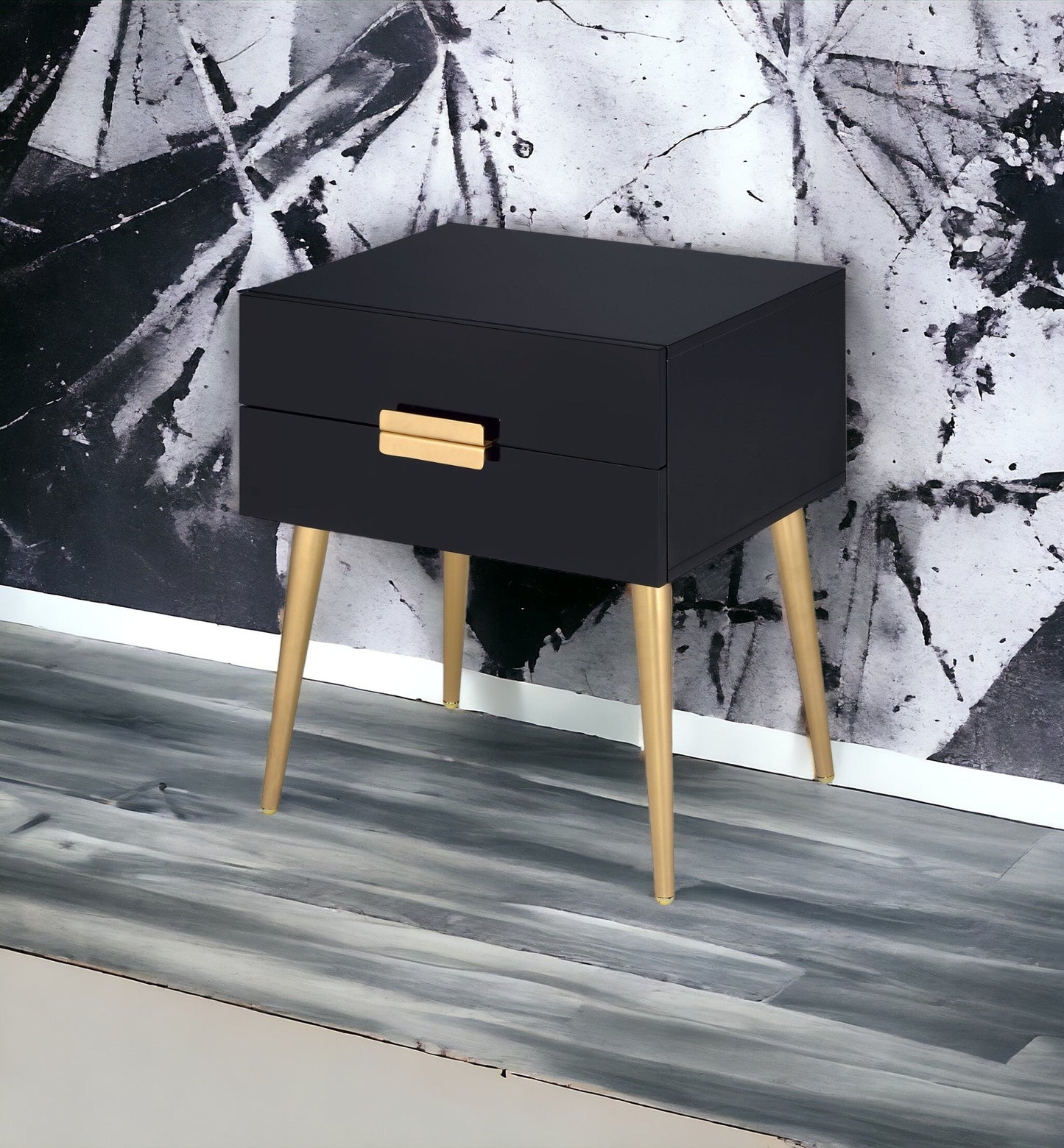 Black High Gloss Nightstand with 2 Drawers and Gold Metal Legs - 1st Choice Furniture Direct
