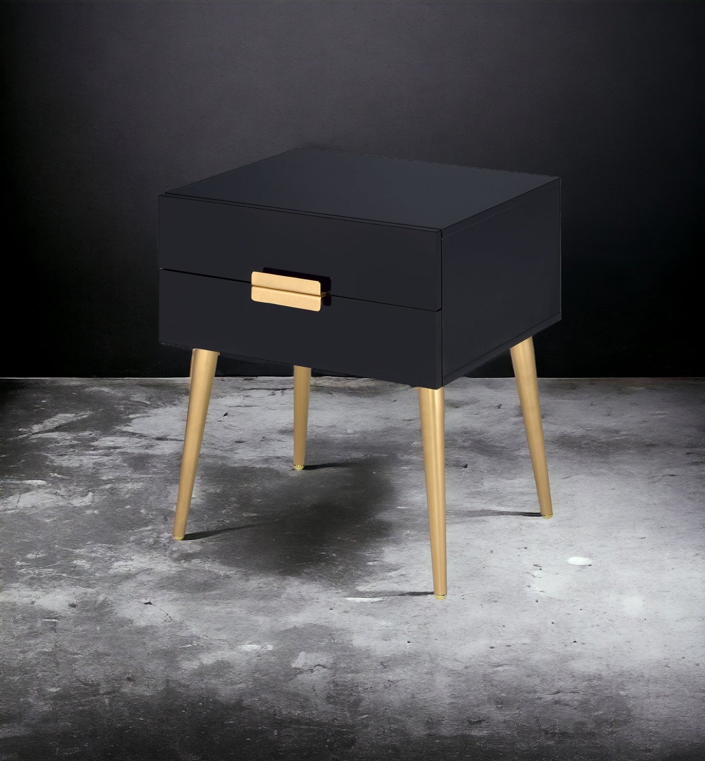 Black High Gloss Nightstand with 2 Drawers and Gold Metal Legs - 1st Choice Furniture Direct
