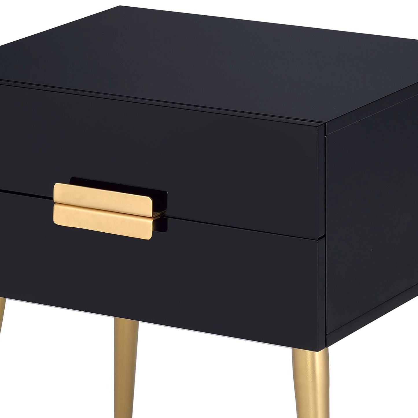Black High Gloss Nightstand with 2 Drawers and Gold Metal Legs - 1st Choice Furniture Direct