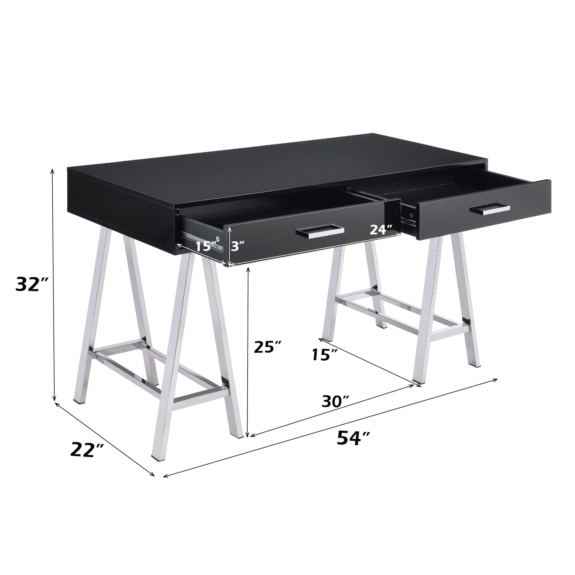 Black High Gloss Writing Desk with Chrome Sawhorse Base - 1st Choice Furniture Direct