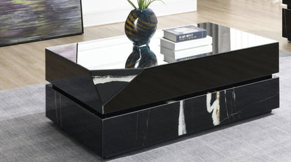Black Mirrored Coffee Table with Marble Grain Glass Top - 1st Choice Furniture Direct