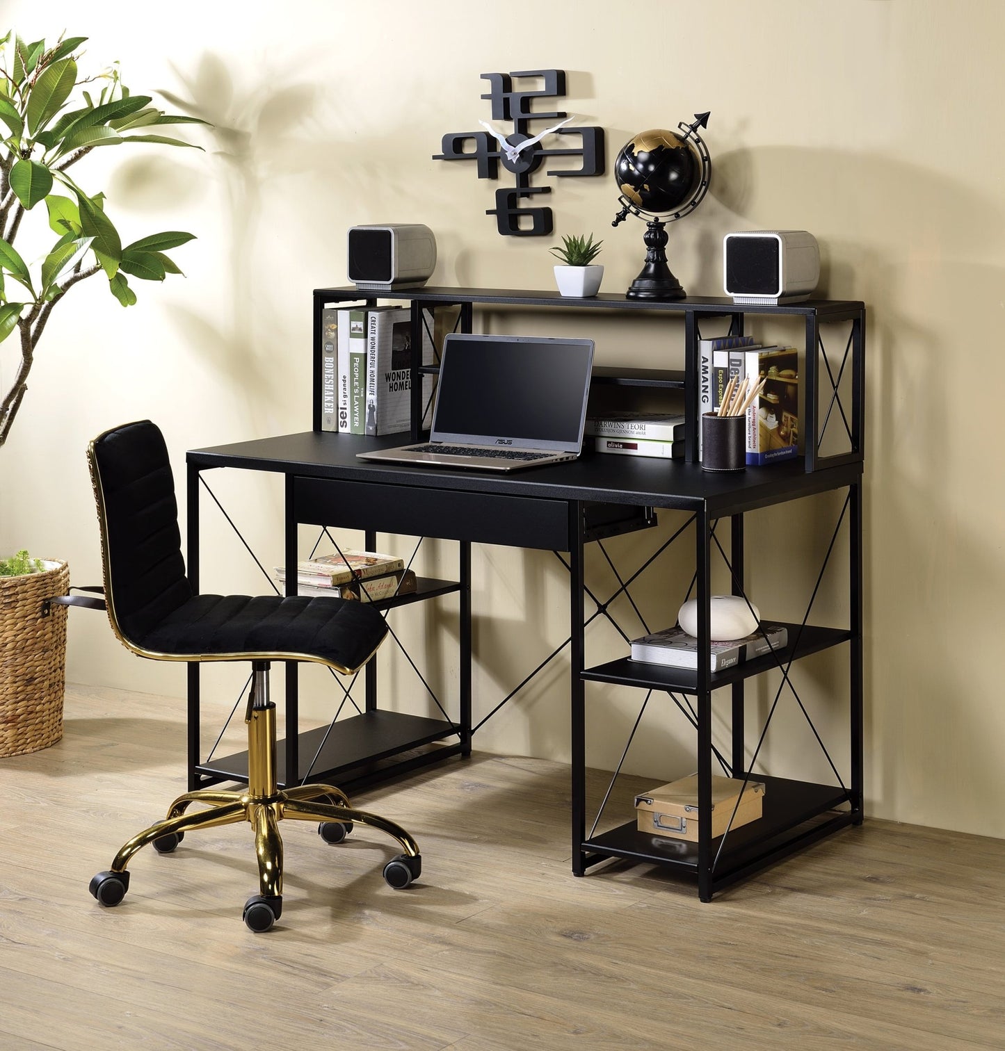 Black Music Studio Desk with Storage Shelves and Drawer - 1st Choice Furniture Direct