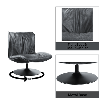 Black Top Grain Leather Swivel Accent Chair with Metal Base - 1st Choice Furniture Direct