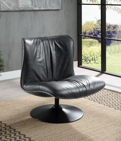 Black Top Grain Leather Swivel Accent Chair with Metal Base - 1st Choice Furniture Direct