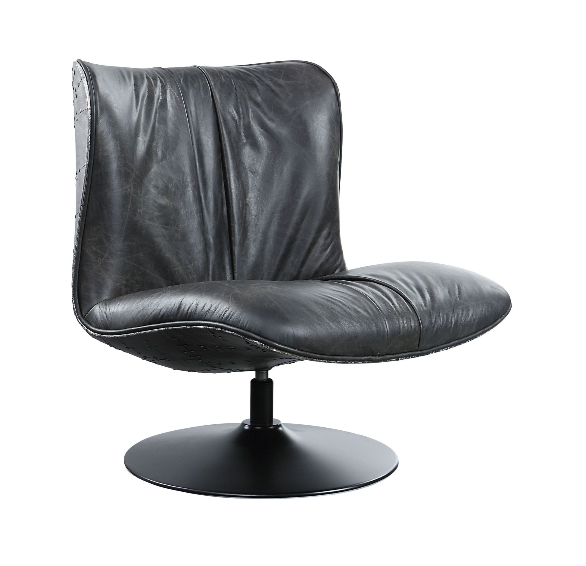 Black Top Grain Leather Swivel Accent Chair with Metal Base - 1st Choice Furniture Direct